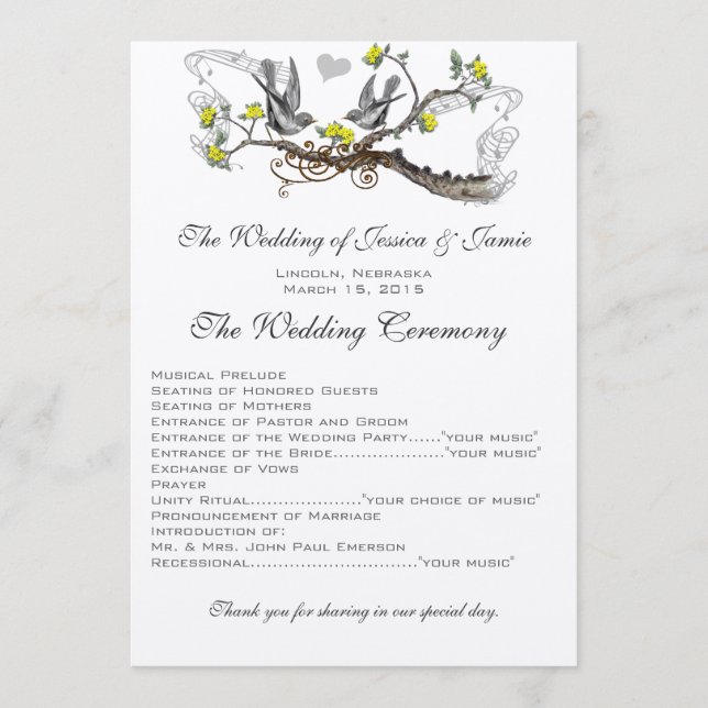 Yellow & Gray Vintage Love Birds Wedding  Program (Front)
