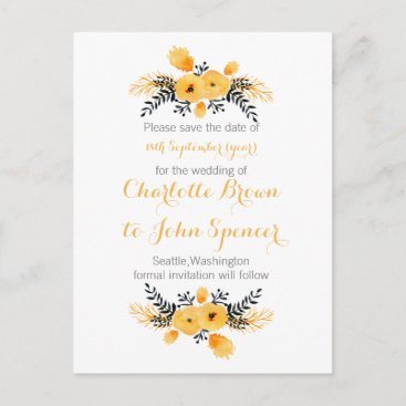 yellow gray watercolor floral save the dates announcement postcard