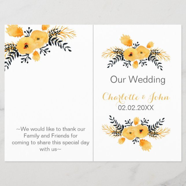 yellow gray watercolor floral wedding program (Front)