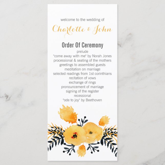 yellow gray watercolor floral wedding programs (Front)
