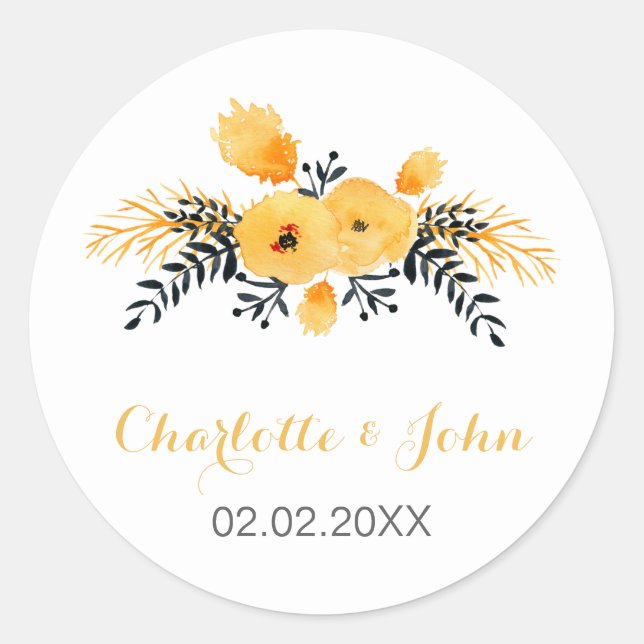 yellow gray watercolor floral wedding stickers (Front)