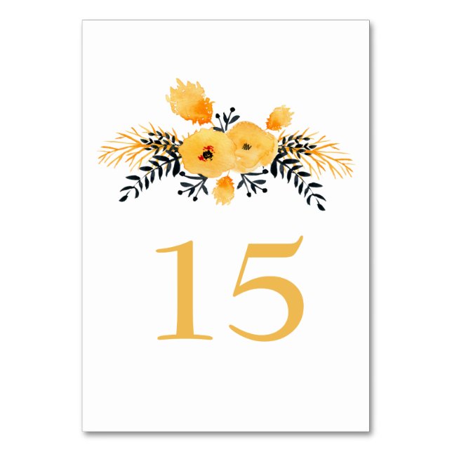 yellow gray watercolor floral wedding table number (Front)