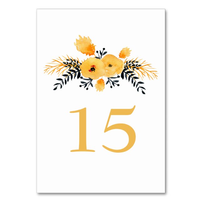 yellow gray watercolor floral wedding table number (Front)