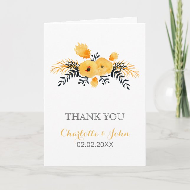 yellow gray watercolor floral wedding Thank You (Front)