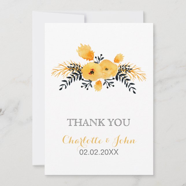 yellow gray watercolor floral wedding Thank You Invitation (Front)