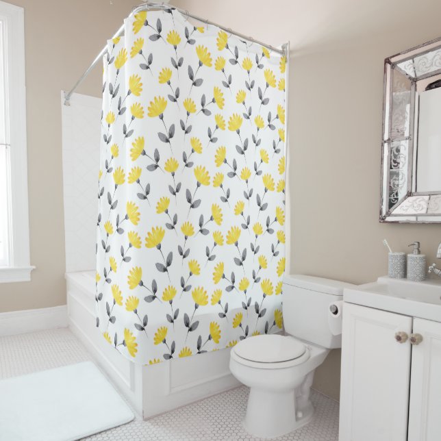 Yellow Gray Watercolor Flower Pattern Shower Curtain (In Situ)