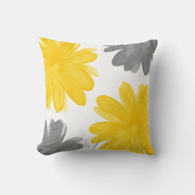 Yellow Gray Watercolor Flowers Throw Pillow (Front)
