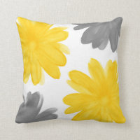Yellow Gray Watercolor Flowers Throw Pillow