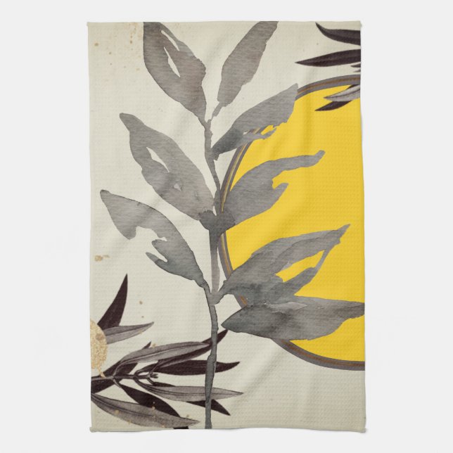 Yellow & Gray Watercolor Leaves Kitchen Towel (Vertical)