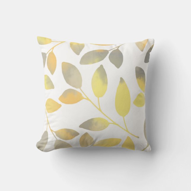 Yellow Gray Watercolor Leaves Throw Pillow (Front)