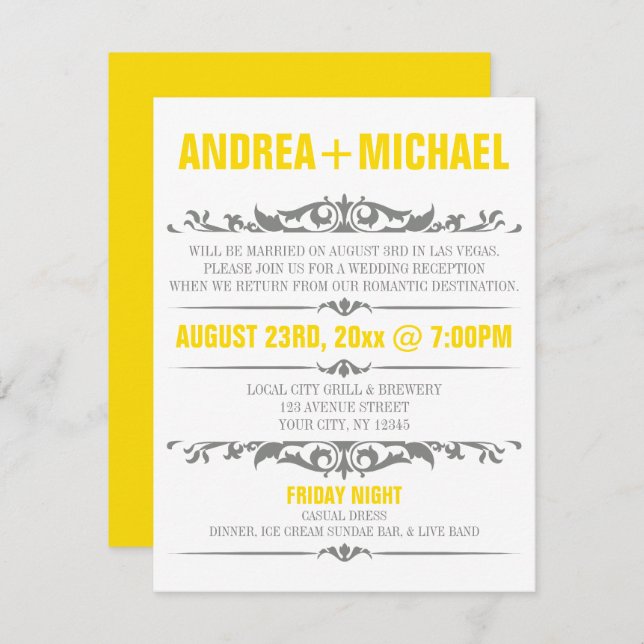 Yellow & Gray Wedding Reception ONLY Invitations (Front/Back)