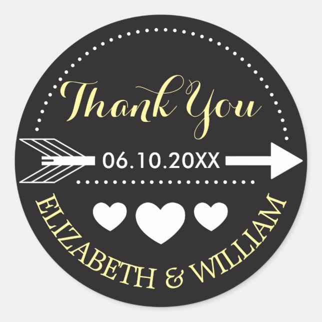 Yellow Gray Wedding Sticker Thank You Arrow Hearts (Front)