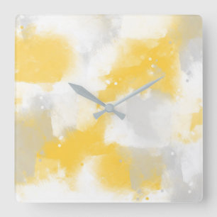 Yellow Gray & White Abstract Brushstrokes Square Wall Clock