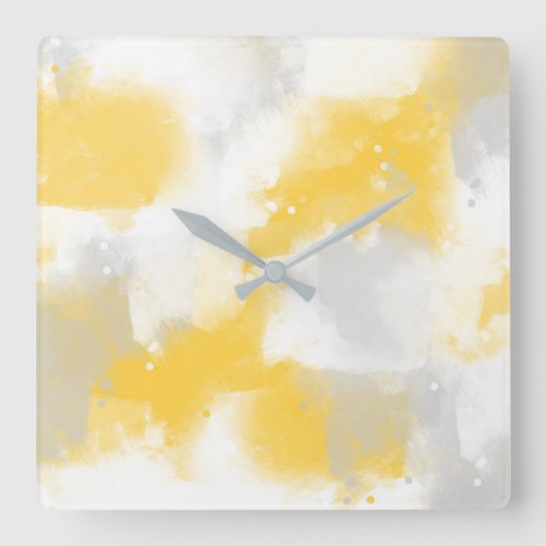 Yellow Gray  White Abstract Brushstrokes Square Wall Clock