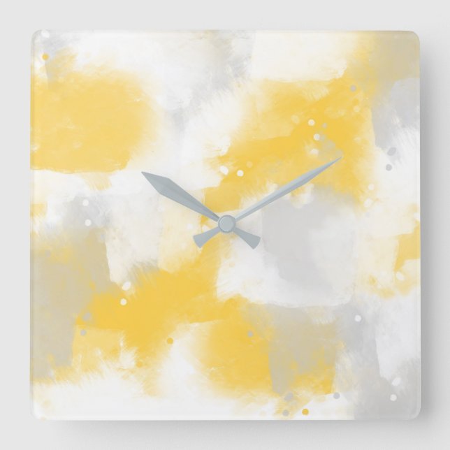 Yellow Gray & White Abstract Brushstrokes Square Wall Clock (Front)