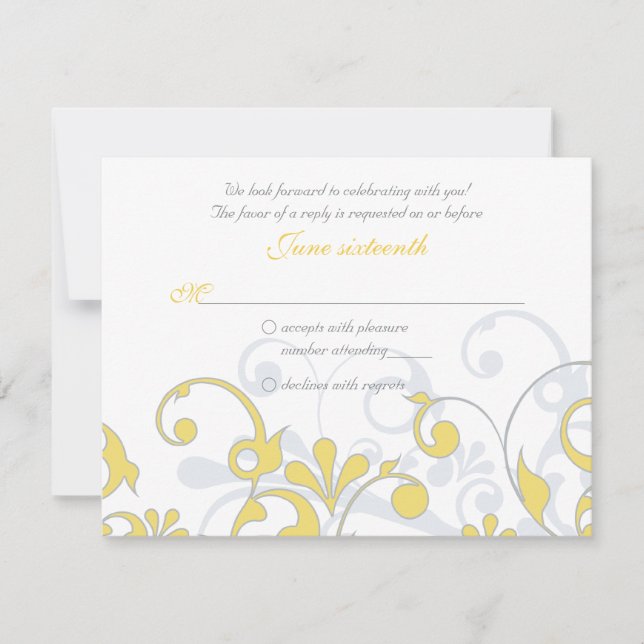 Yellow Gray White Abstract Floral Wedding RSVP Card (Front)