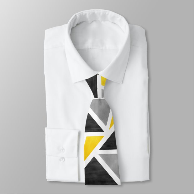 Yellow Gray White Abstract Geometric Tie (Tied)