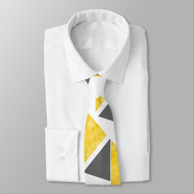 Yellow Gray White Color Block Pattern Neck Tie (Tied)