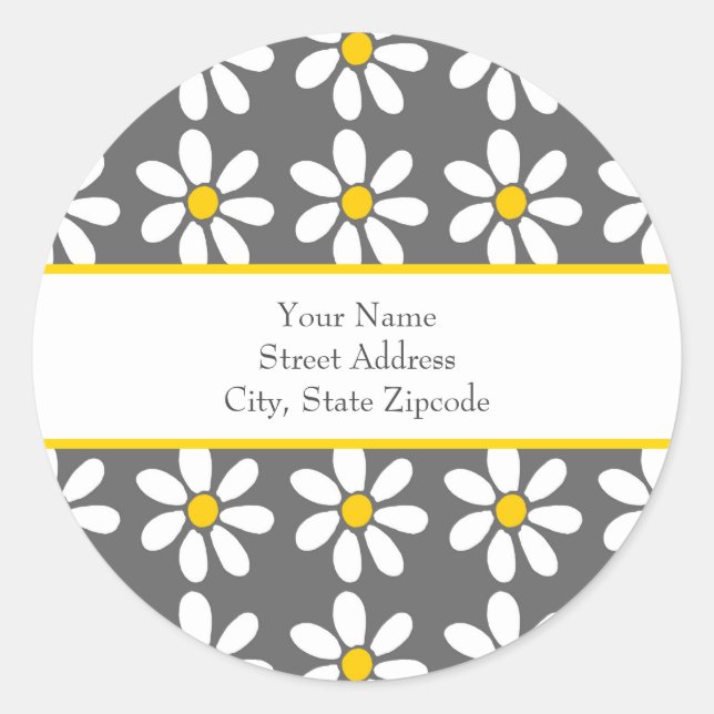 Yellow Gray White Daisy Pattern Classic Round Sticker (Front)
