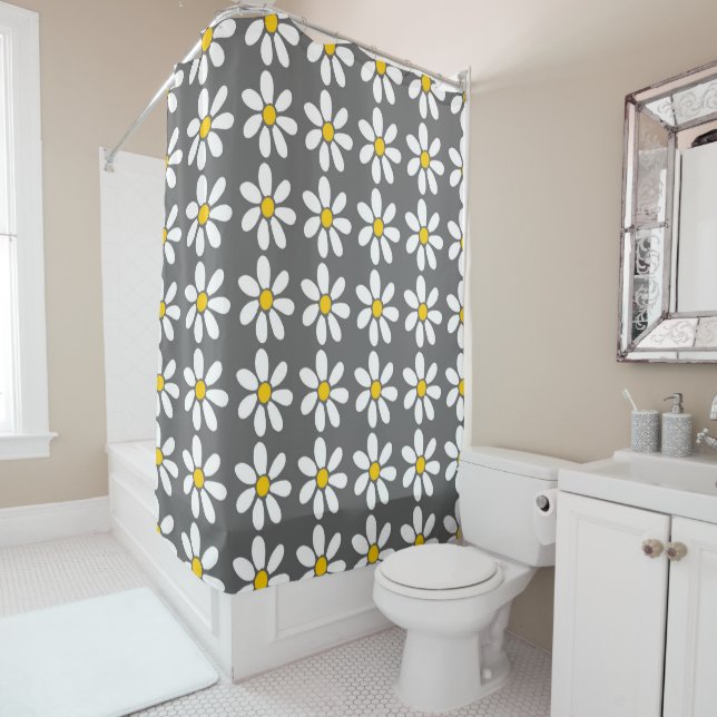 Yellow Gray White Daisy Pattern Shower Curtain (In Situ)
