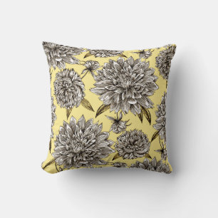 Yellow Gray & White Decorative Mum Floral Pattern Throw Pillow
