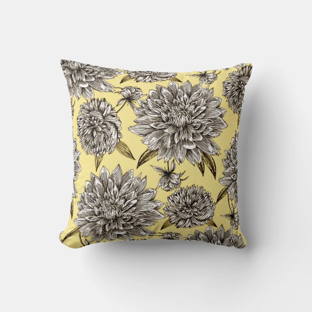 Yellow Gray & White Decorative Mum Floral Pattern Throw Pillow (Front)