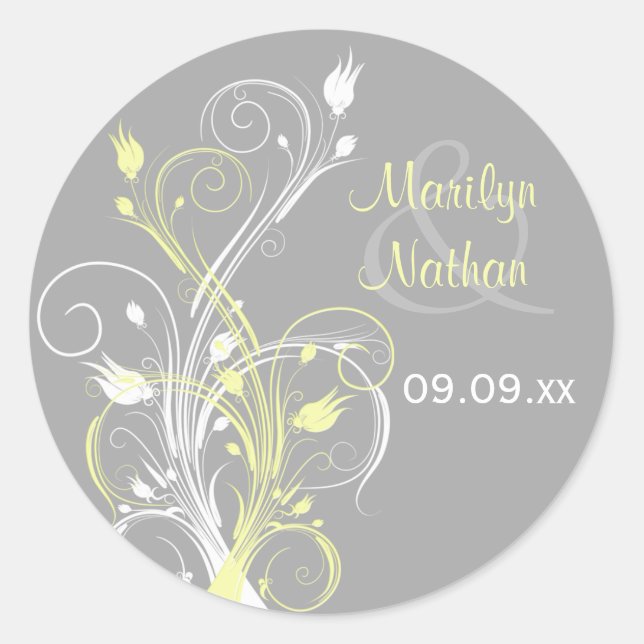 Yellow Gray White Floral 1.5" Wedding Sticker (Front)