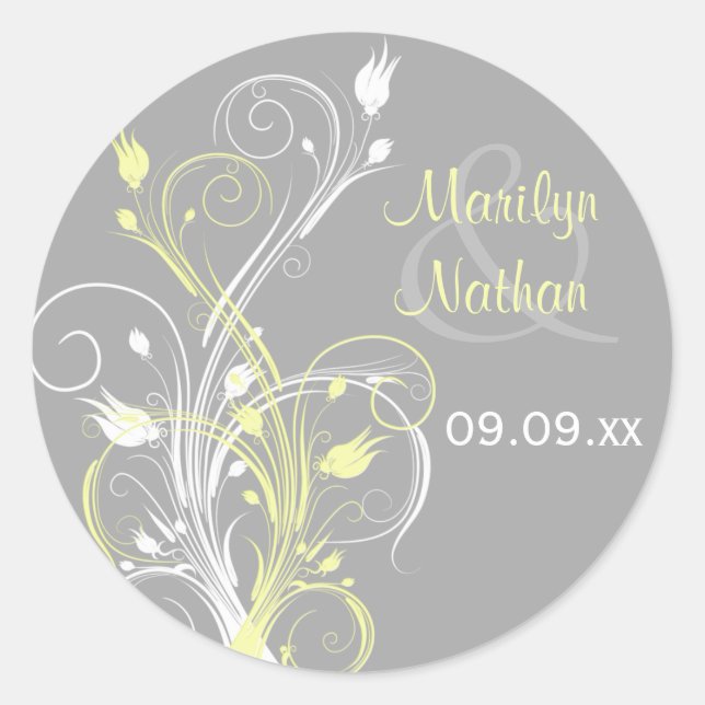 Yellow Gray White Floral 1.5" Wedding Sticker (Front)