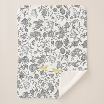 Yellow Gray White Floral Bird Farmhouse Pattern Sherpa Blanket by samack at Zazzle