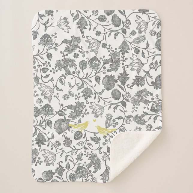 Yellow Gray White Floral Bird Farmhouse Pattern Sherpa Blanket (Front)
