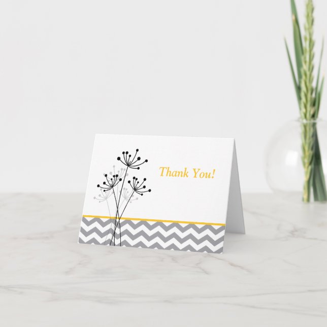 Yellow, Gray, White Floral, Chevron Thank You Card (Front)