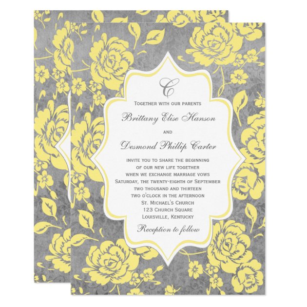 Yellow Gray White Floral Damask Wedding Invitation