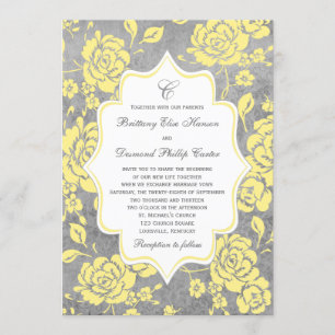 Yellow Gray White Floral Damask Wedding Invitation