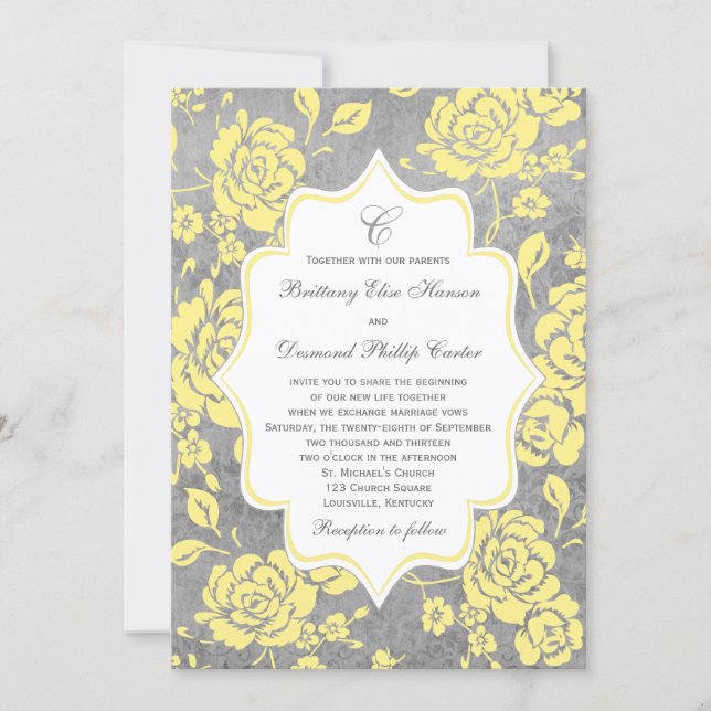 Yellow Gray White Floral Damask Wedding Invitation (Front)