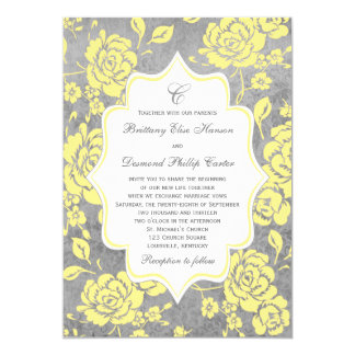 Yellow Gray White Floral Damask Wedding Invitation