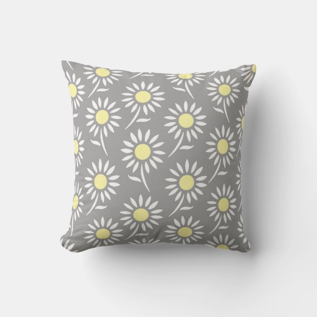 Yellow Gray White Floral Decorative Pillow (Front)