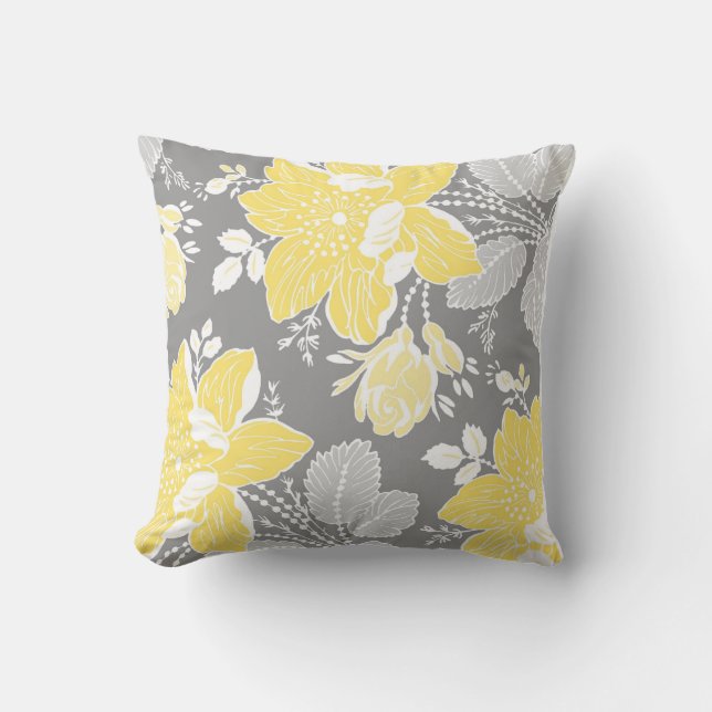 Yellow Gray White Floral Decorative Pillow (Front)