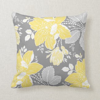 Yellow Gray White Floral Decorative Pillow