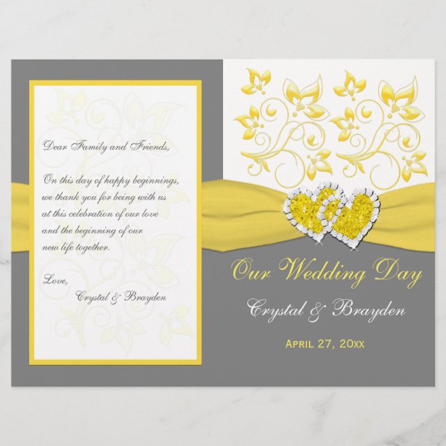 Yellow, Gray, White Floral, Hearts Wedding Program (Front)