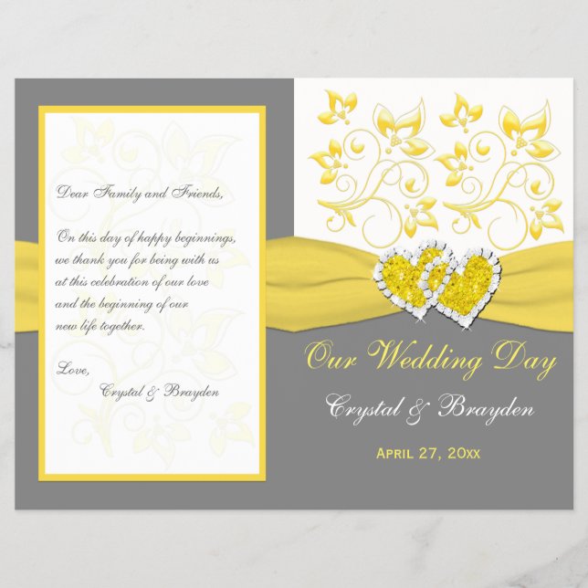 Yellow, Gray, White Floral, Hearts Wedding Program (Front)