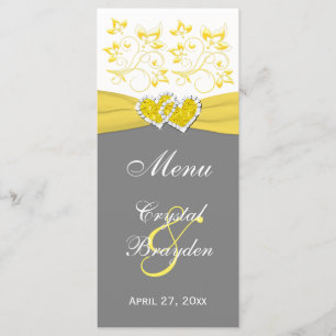 Yellow, Gray, White Floral Joined Hearts Menu Card