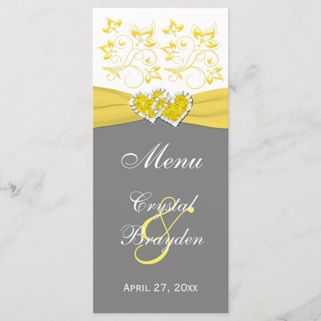 Yellow, Gray, White Floral Joined Hearts Menu Card (Front)