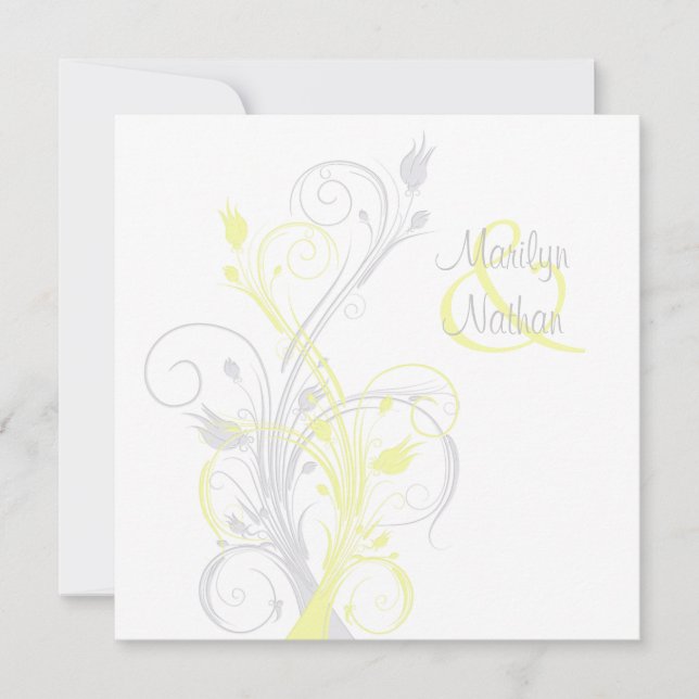 Yellow Gray White Floral Square Wedding Invitation (Front)