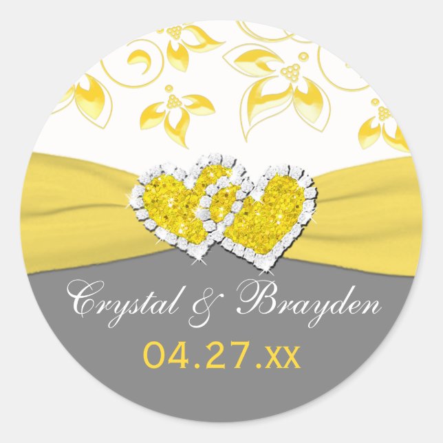 Yellow, Gray, White Floral Wedding Favor Sticker (Front)