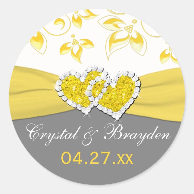 Yellow, Gray, White Floral Wedding Favor Sticker (Front)
