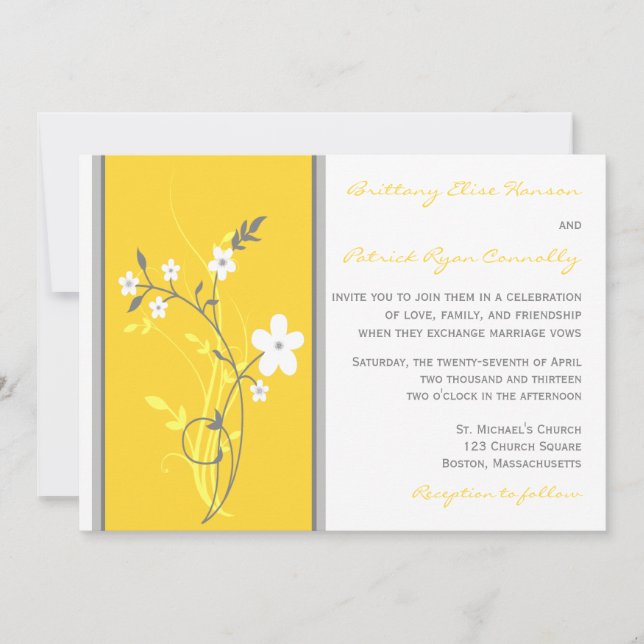 Yellow, Gray, White Floral Wedding Invitation (Front)
