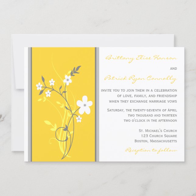 Yellow, Gray, White Floral Wedding Invitation (Front)