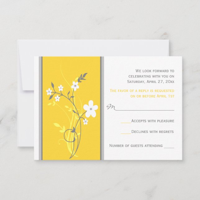 Yellow, Gray, White Floral Wedding RSVP Card (Front)
