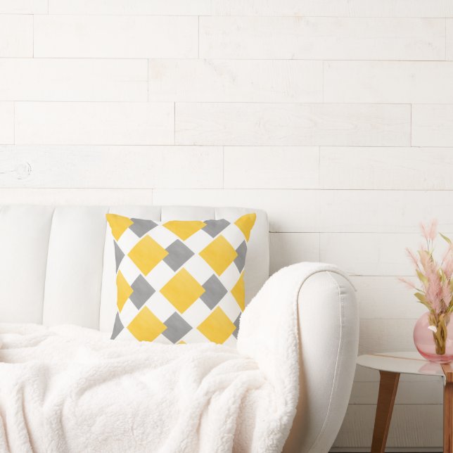 Yellow Gray White Geometric Block Pattern Throw Pillow (Couch)