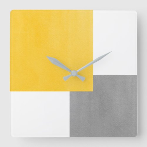 Yellow Gray White Geometric Block Square Wall Clock